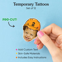 Construction birthday temporary tattoos with custom face images — 12 pack