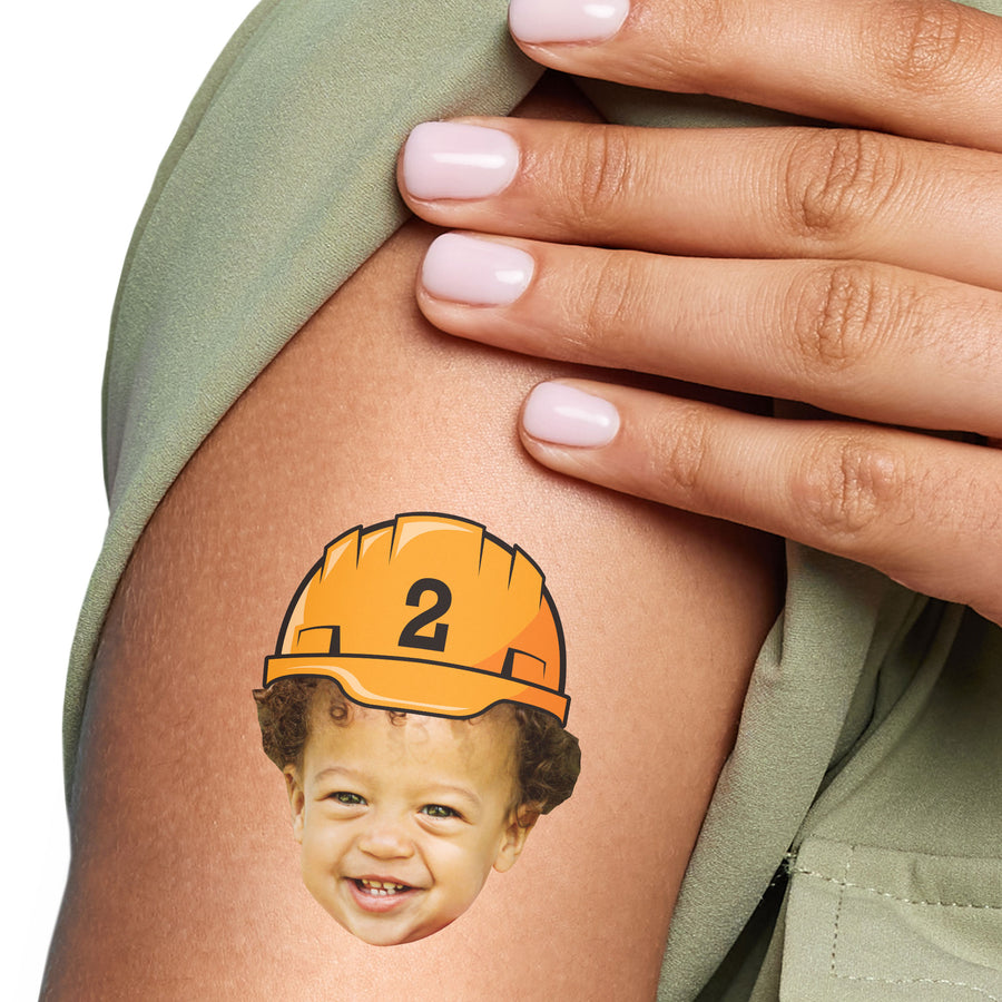 Custom face construction temporary tattoos – 12 personalized construction themed tattoos for kids party favors.
