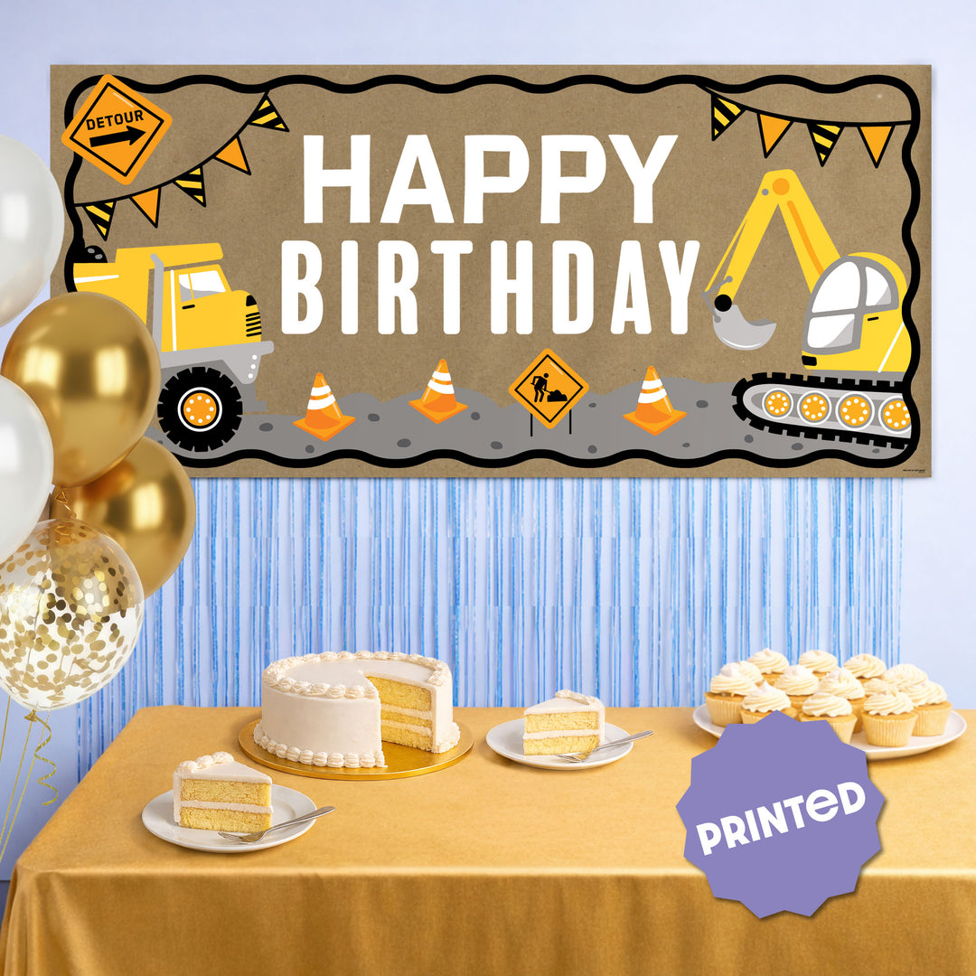 Dump truck birthday party backdrop with excavators