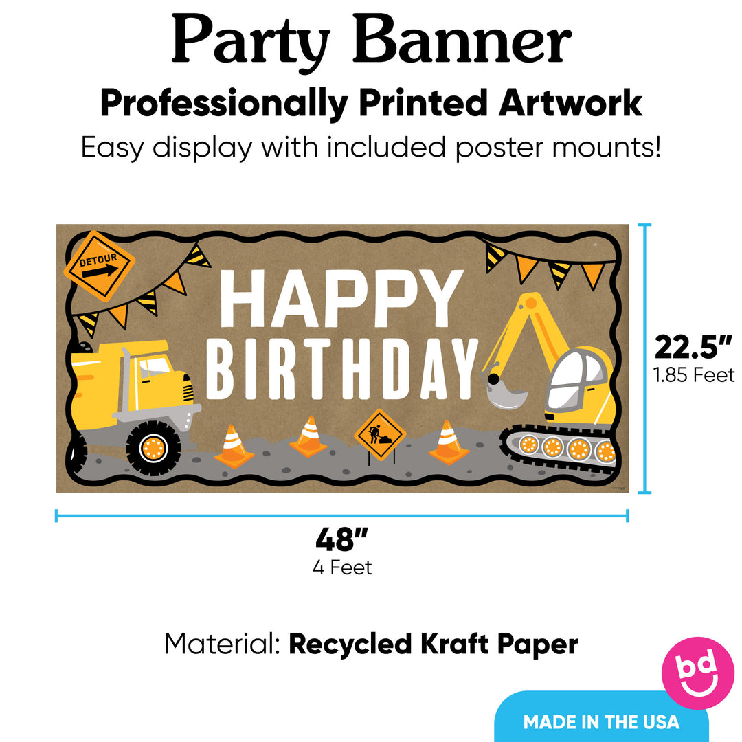 Construction birthday banner 48x22.5 inches with 8 mounts