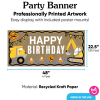 Construction birthday banner 48x22.5 inches with 8 mounts