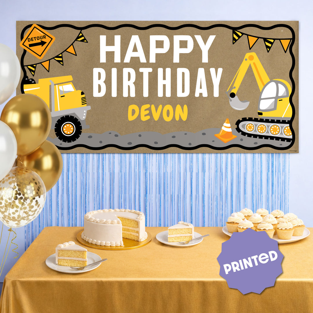 Truck-themed birthday backdrop with personalized banner