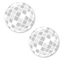 A set of two disco ball shaped paper cut-outs with a geometric pattern.