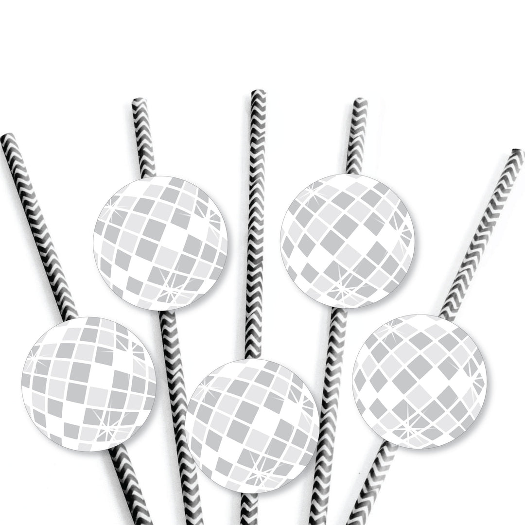 Disco Ball - Paper Straw Decor - Groovy Hippie Party Striped Decorative Straws - Set of 24
