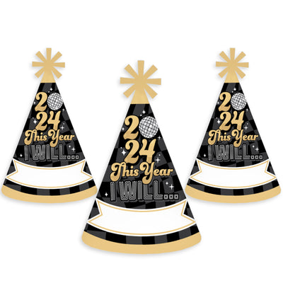 Disco New Year - Cone Party Hats - Groovy 2024 NYE Resolution Cone Party Hat for Kids and Adults - Set of 8 (Standard Size)