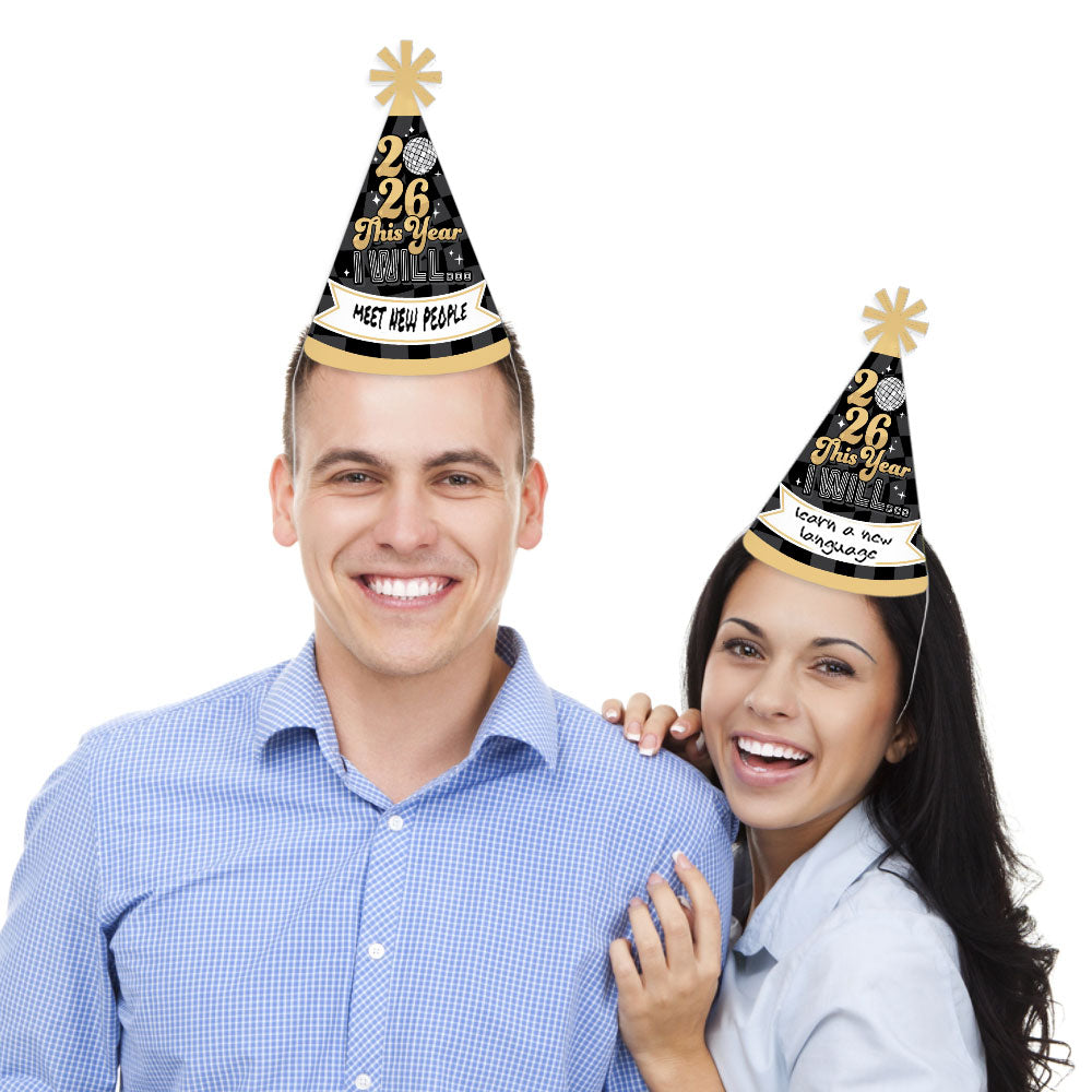 Disco New Year - Cone Party Hats - Groovy 2026 NYE Resolution Cone Party Hat for Kids and Adults - Set of 8 (Standard Size)