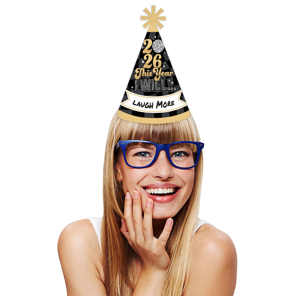 Disco New Year - Cone Party Hats - Groovy 2026 NYE Resolution Cone Party Hat for Kids and Adults - Set of 8 (Standard Size)