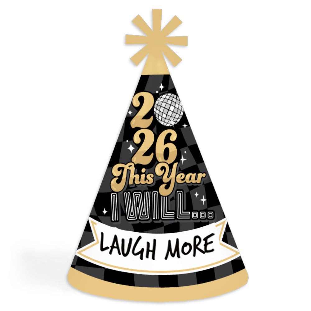 Disco New Year - Cone Party Hats - Groovy 2026 NYE Resolution Cone Party Hat for Kids and Adults - Set of 8 (Standard Size)
