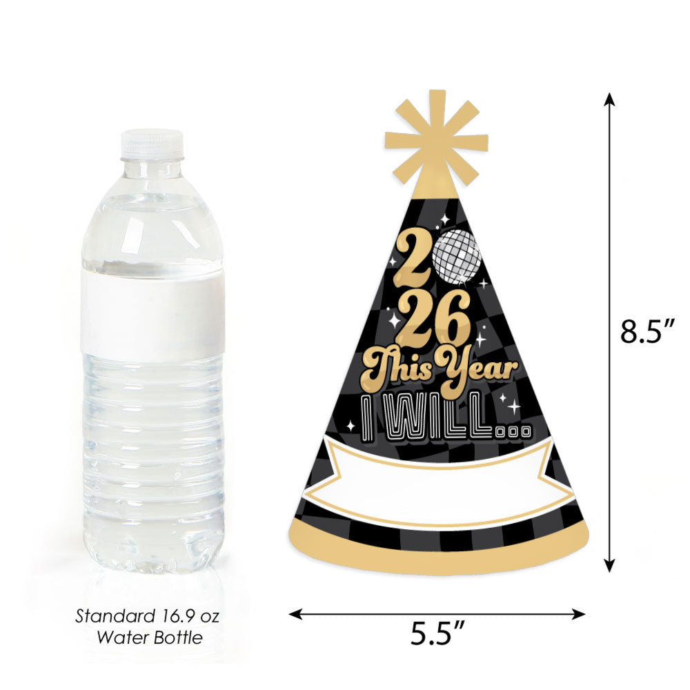 Disco New Year - Cone Party Hats - Groovy 2026 NYE Resolution Cone Party Hat for Kids and Adults - Set of 8 (Standard Size)