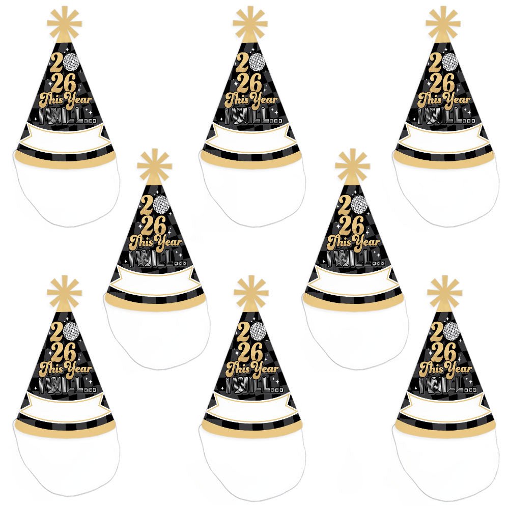 Disco New Year - Cone Party Hats - Groovy 2026 NYE Resolution Cone Party Hat for Kids and Adults - Set of 8 (Standard Size)