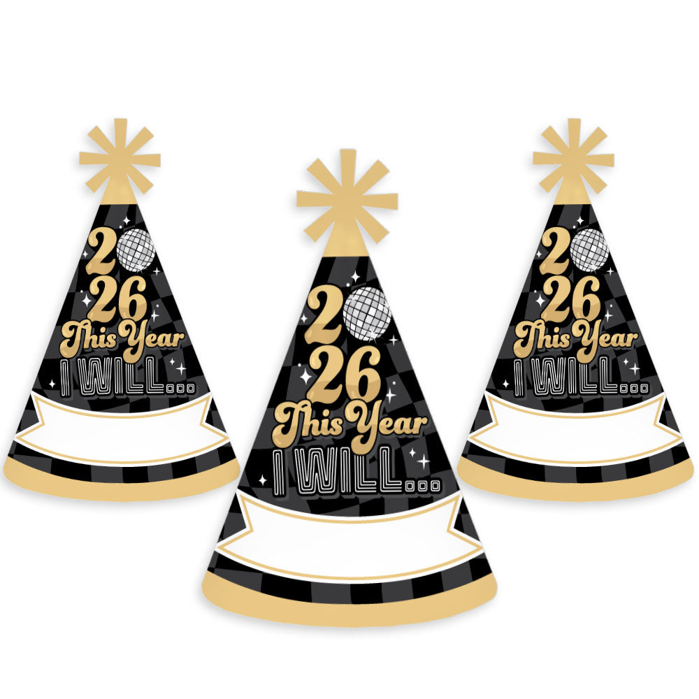Disco New Year - Cone Party Hats - Groovy 2026 NYE Resolution Cone Party Hat for Kids and Adults - Set of 8 (Standard Size)