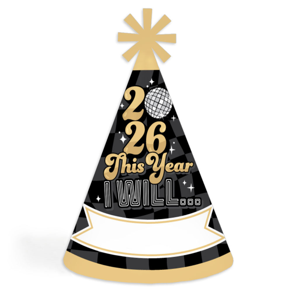 Disco New Year - Cone Party Hats - Groovy 2026 NYE Resolution Cone Party Hat for Kids and Adults - Set of 8 (Standard Size)
