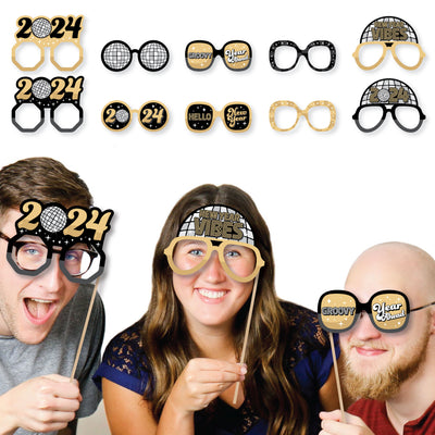 Disco New Year Glasses - Paper Card Stock Groovy 2024 NYE Party Photo Booth Props Kit - 10 Count