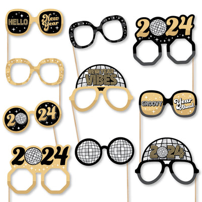Disco New Year Glasses - Paper Card Stock Groovy 2024 NYE Party Photo Booth Props Kit - 10 Count