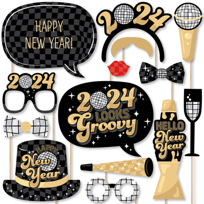 Disco New Year - Groovy 2024 NYE Party Photo Booth Props Kit - 20 Count