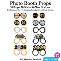Disco New Year Glasses - Paper Card Stock Groovy 2026 NYE Party Photo Booth Props Kit - 10 Count