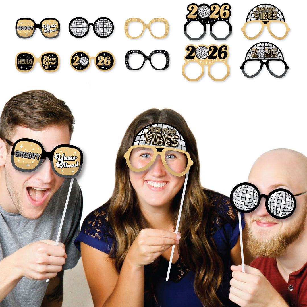 Disco New Year Glasses - Paper Card Stock Groovy 2026 NYE Party Photo Booth Props Kit - 10 Count