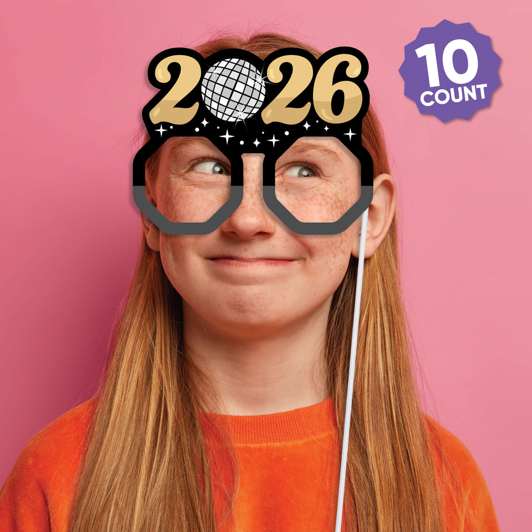 Disco New Year Glasses - Paper Card Stock Groovy 2026 NYE Party Photo Booth Props Kit - 10 Count