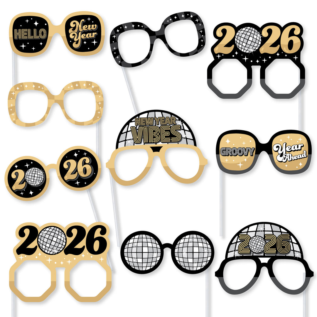 Disco New Year Glasses - Paper Card Stock Groovy 2026 NYE Party Photo Booth Props Kit - 10 Count