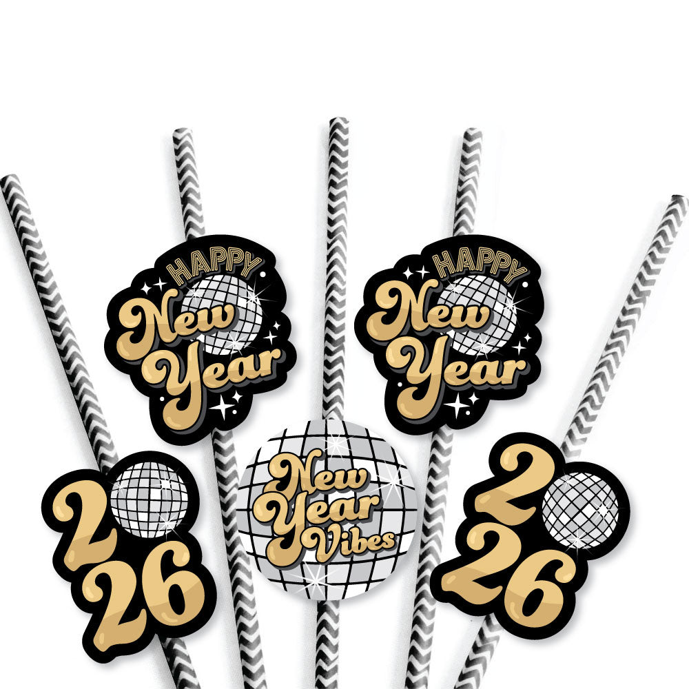 Disco New Year - Paper Straw Decor - Groovy 2026 NYE Party Striped Decorative Straws - Set of 24