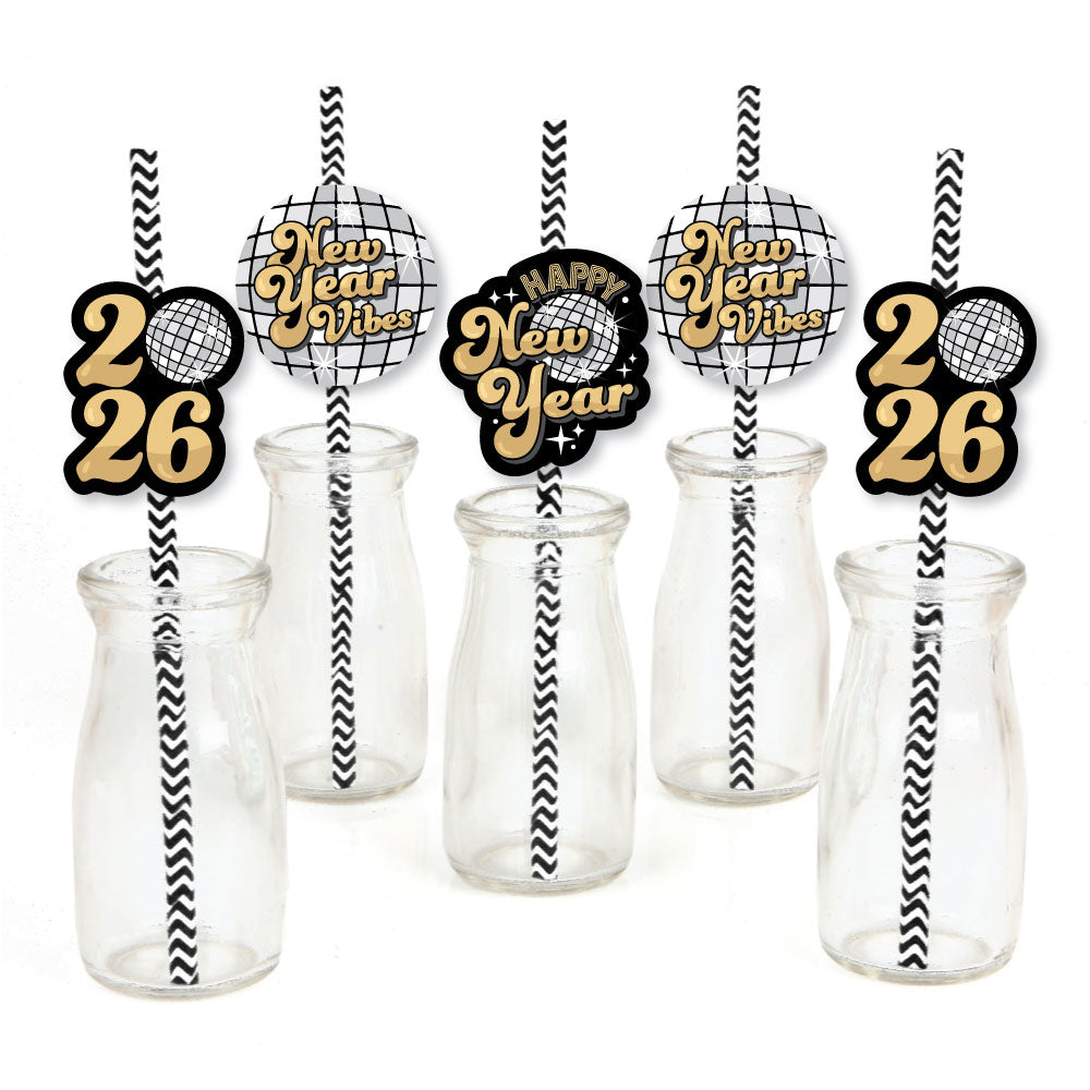 Disco New Year - Paper Straw Decor - Groovy 2026 NYE Party Striped Decorative Straws - Set of 24