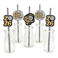 Disco New Year - Paper Straw Decor - Groovy 2026 NYE Party Striped Decorative Straws - Set of 24