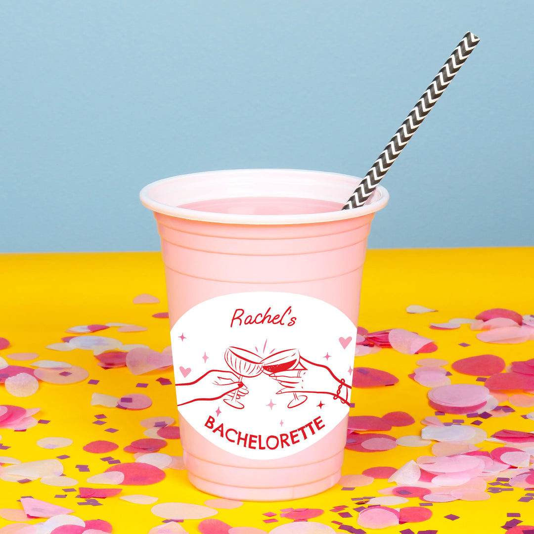 custom Drinks with the Girls party cups personalized stickers applied