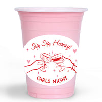 pink plastic party cups with cocktail sticker design close up