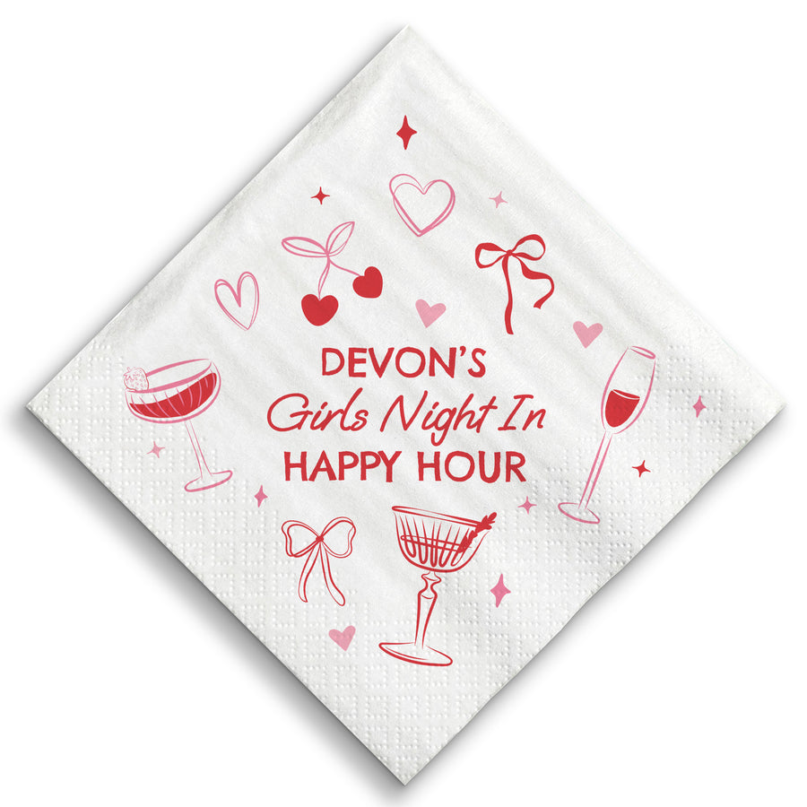 Custom White napkin with red graphics and text for 'Devon's Girls Night In Happy Hour' on a white background
