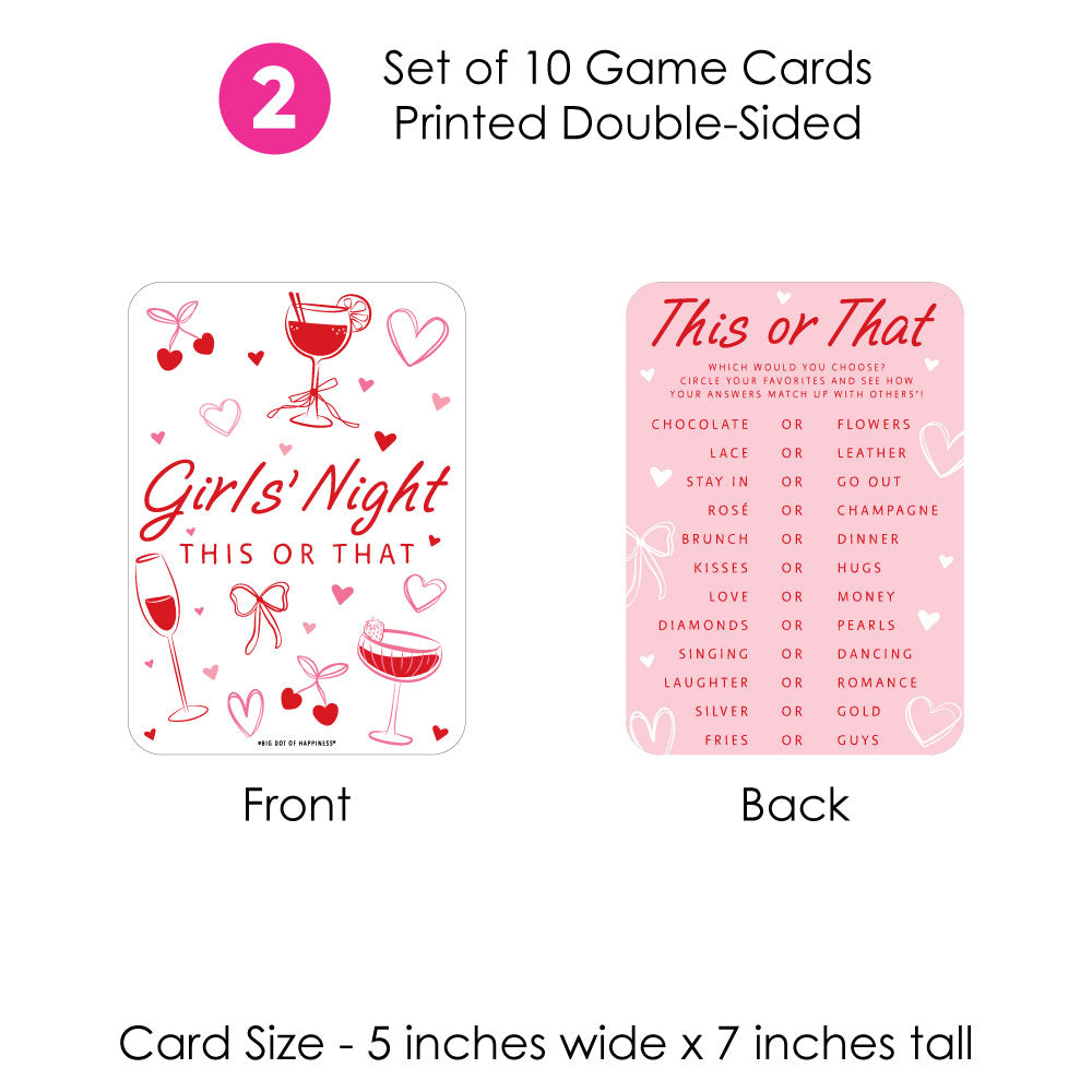Set of 10 game cards printed double-sided with 'Girls' Night This or That' theme.