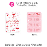 Set of 10 game cards printed double-sided with 'Girls' Night This or That' theme.