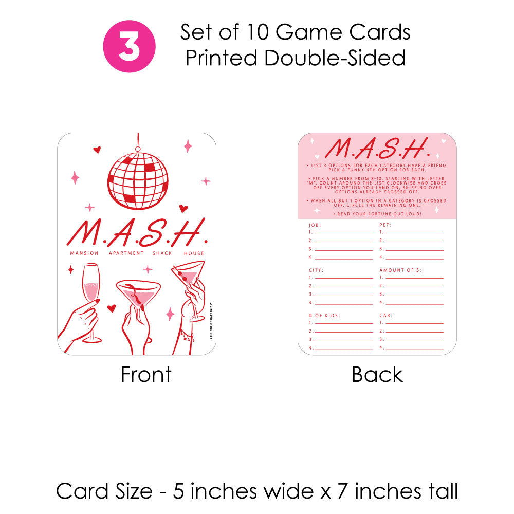 Set of 10 M.A.S.H. game cards, front and back view, on a white background.