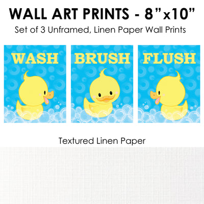 Ducky Duck - Unframed Wash, Brush, Flush - Bathroom Wall Art - 8 x 10 inches - Set of 3 Prints