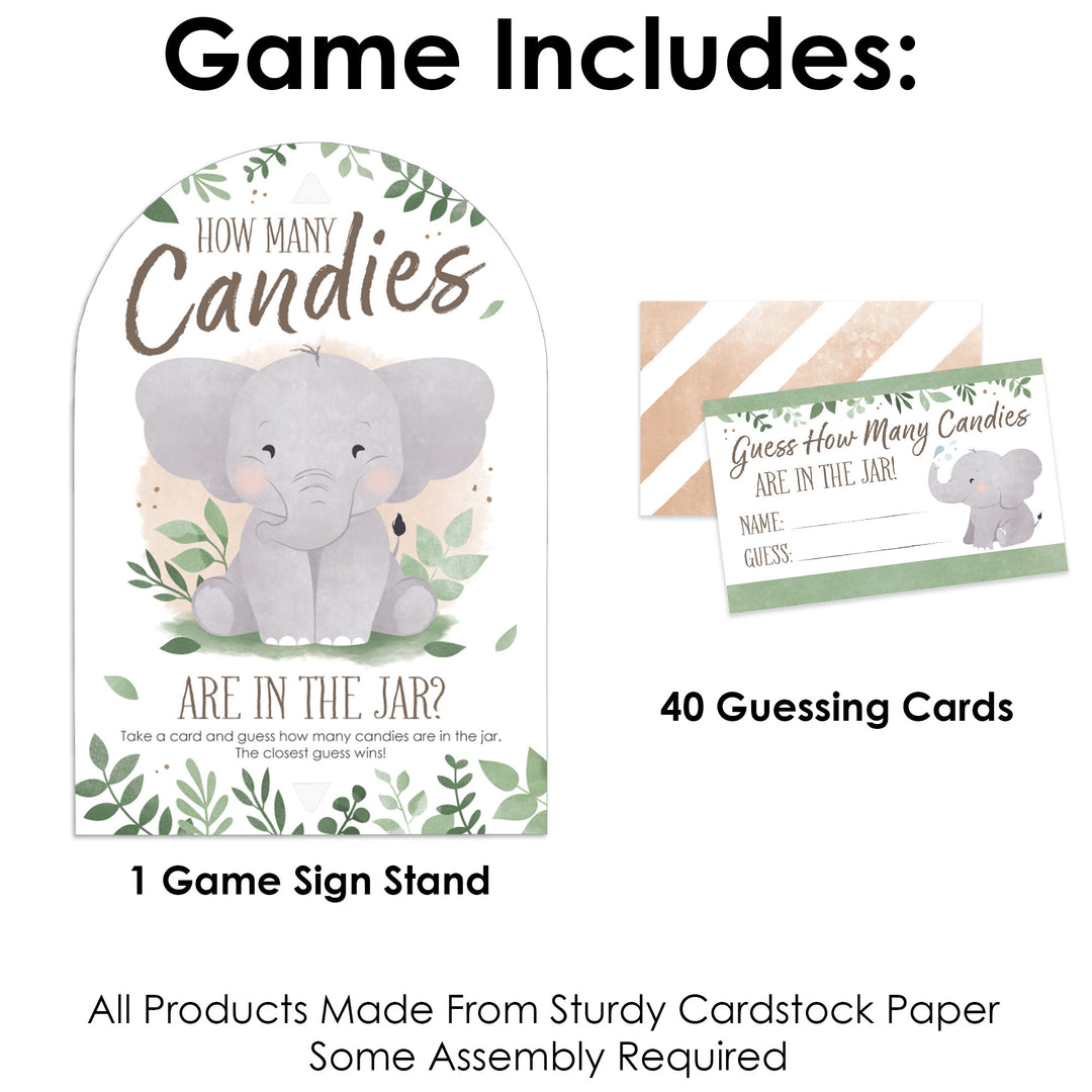 Game packaging with elephant design, guessing cards, and game sign stand on a white background.