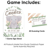 Game packaging with elephant design, guessing cards, and game sign stand on a white background.