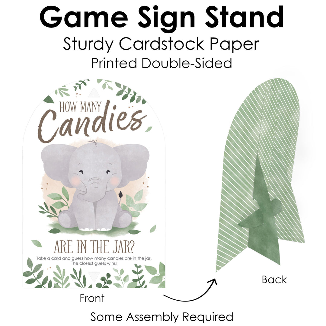 How many candies baby shower Game sign stand with elephant design and text on a white background