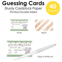 Guessing cards with elephant design, pen, and text on a white background
