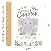 Baby Shower game with an elephant and text about guessing candies in a jar, next to a ruler for size reference.