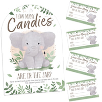 Baby shower game set with elephant design and 'How Many Candies Are in the Jar?' text.