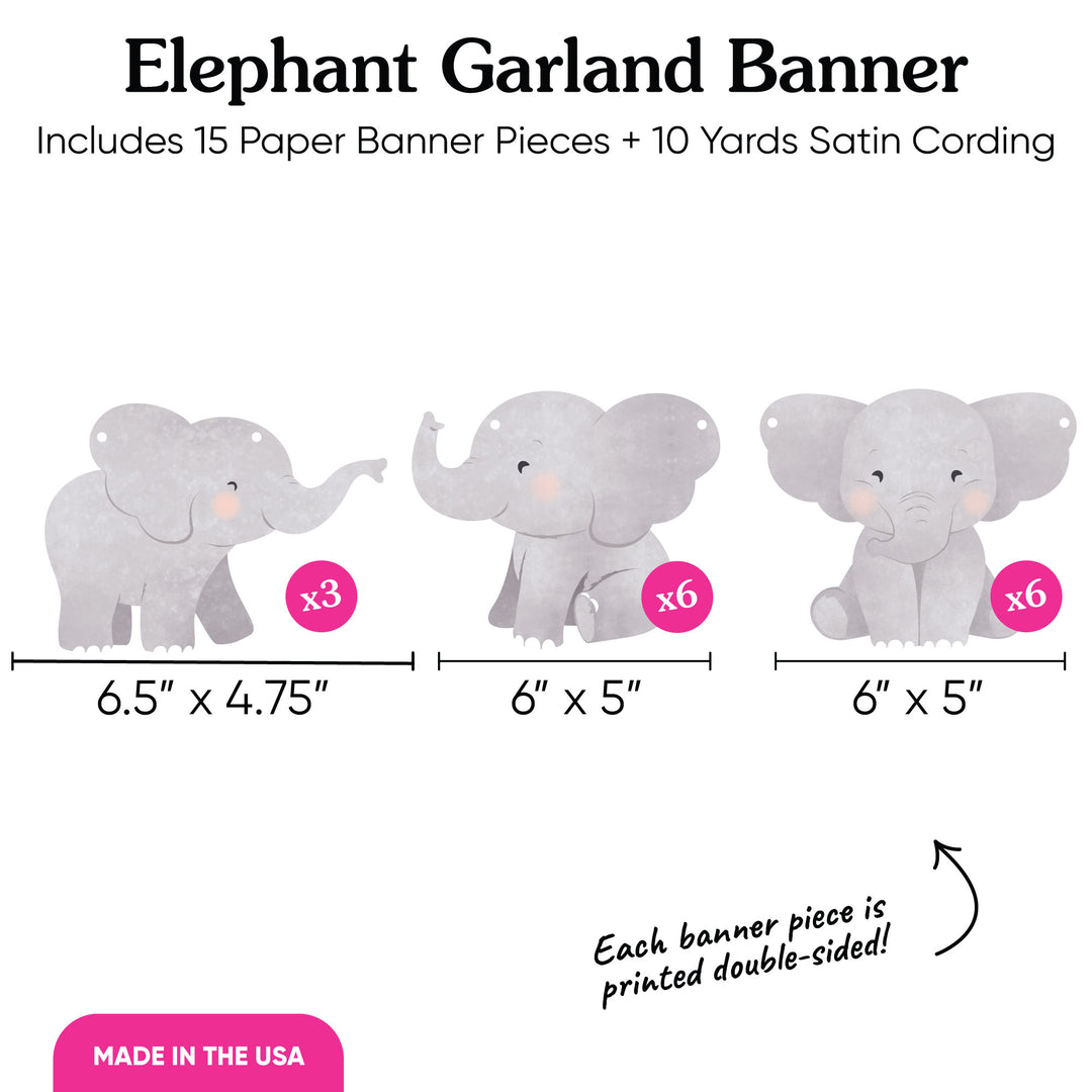 Baby Shower Elephant Garland Banner with dimensions and quantity details on a white background