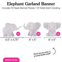Baby Shower Elephant Garland Banner with dimensions and quantity details on a white background