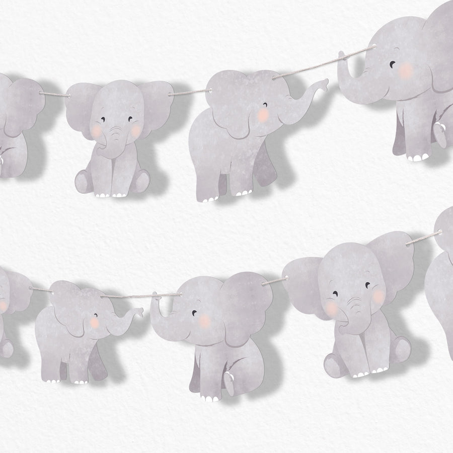 String of gray elephant-shaped garland banner pieces for baby shower decorations on a white background