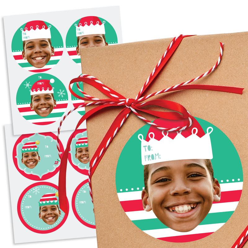 Custom Photo Elf Squad - Kids Elf Christmas and Birthday Party Round To and From Gift Tags - Fun Face Large Stickers - Set of 8