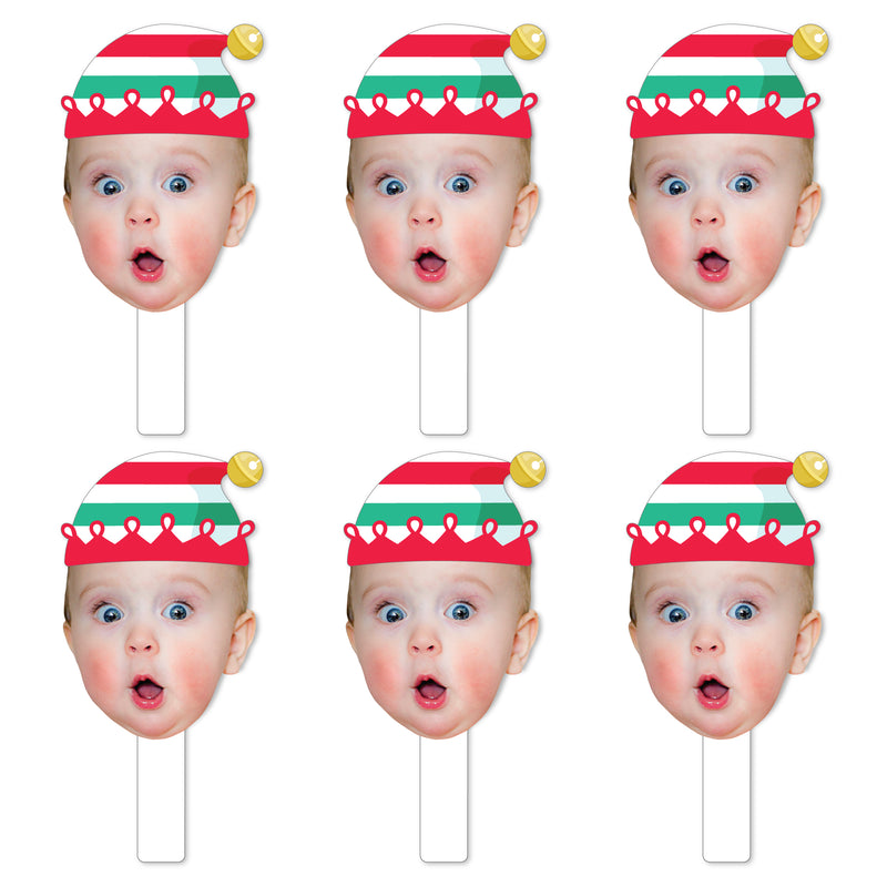 Custom Photo Elf Squad - Kids Elf Christmas and Birthday Party Head Cut Out Photo Booth and Fan Props - Fun Face Cutout Paddles - Set of 6