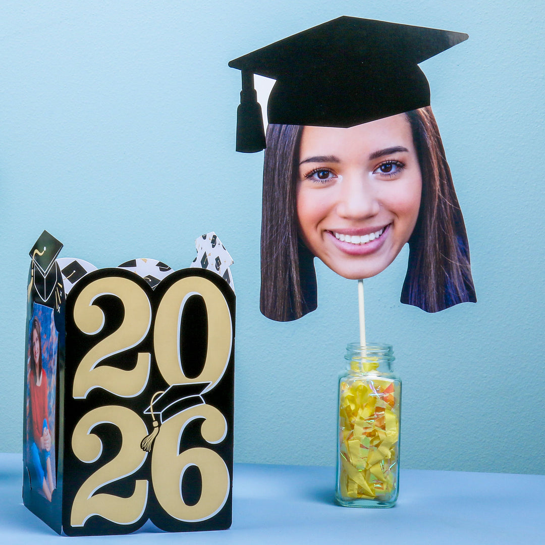 Grad Cap Fun Face Cutout Centerpiece Sticks - Custom Graduation Photo Head Cut Out Table Toppers - Upload 1 Photo - Set of 15