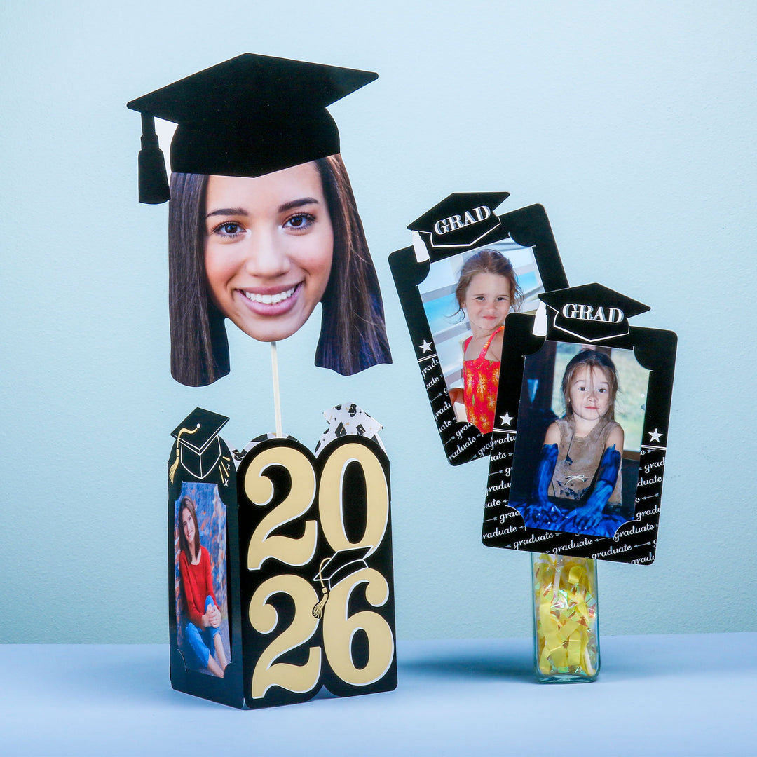 Graduation-themed photo display with 'GRAD' and '2026' text on a light blue background.