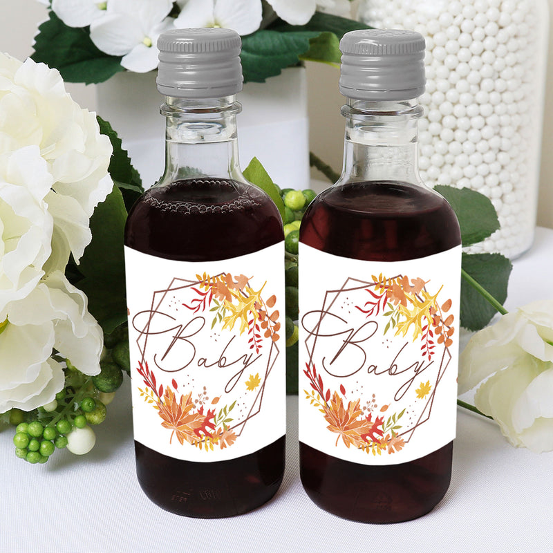Fall Foliage Baby - Mini Wine and Champagne Bottle Label Stickers - Autumn Leaves Baby Shower Favor Gift for Women and Men - Set of 16