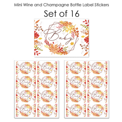 Fall Foliage Baby - Mini Wine and Champagne Bottle Label Stickers - Autumn Leaves Baby Shower Favor Gift for Women and Men - Set of 16