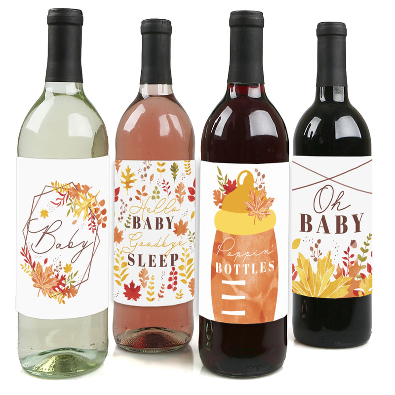 Fall Foliage Baby - Autumn Leaves Baby Shower Decorations for Women and Men - Wine Bottle Label Stickers - Set of 4