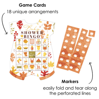 Fall Foliage Baby - Picture Bingo Cards and Markers - Autumn Leaves Baby Shower Shaped Bingo Game - Set of 18